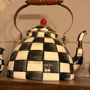 MacKenzie-Childs Checkered Teapot with Red and Gold Accents